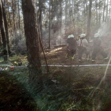 rechts stehen Feuerwehrleute bei Löscharbeiten im Wald; es liegt Rauch in der Luft