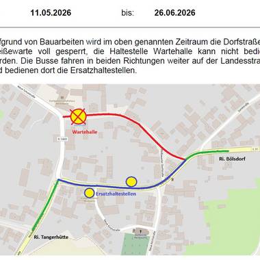 Karte mit eingezeichneten Ersatzhaltestellen für den Busverkehr