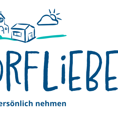 Es ist das Logo Dorfliebe zu sehen. im dunkelblauer Farbe mit Schreibschriftschriftzug